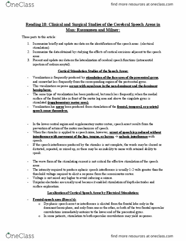 PSYC 311 Chapter Notes - Chapter Reading 10 - Cerebral Speech Areas in Man - Rasmussen and Milner -: Postcentral Gyrus, Supplementary Motor Area, Amobarbital thumbnail