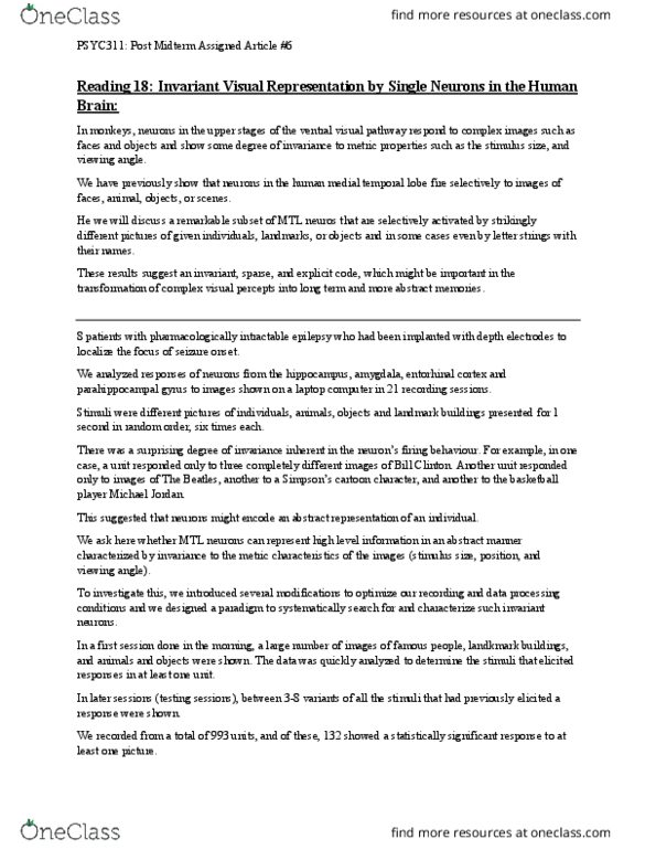 PSYC 311 Chapter Notes - Chapter Reading 18 - Post Midterm 6 - Quiroga - Invariant Visual Representation: Parahippocampal Gyrus, Temporal Lobe, Entorhinal Cortex thumbnail