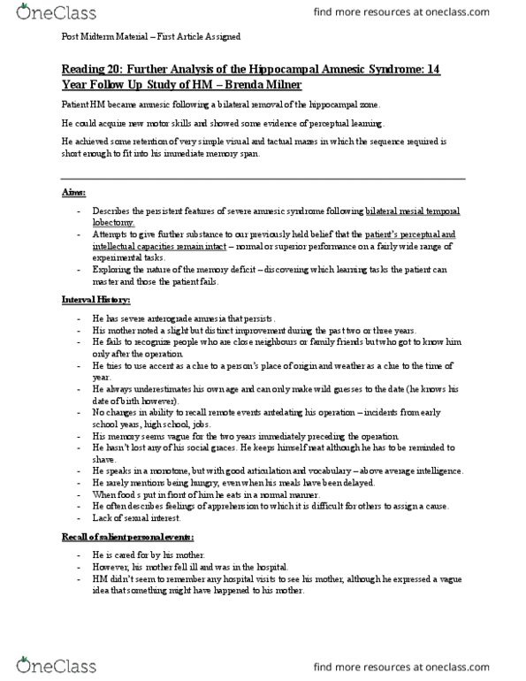 PSYC 311 Chapter Notes - Chapter Reading 20 - Post Midterm 1 - Milner and Patient HM: Brenda Milner, Anterograde Amnesia, Scoville Scale thumbnail