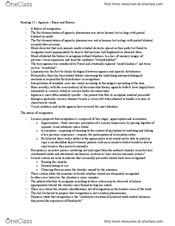 PSYC 311 Chapter Notes - Chapter Reading 15 - Postmidterm - Visual Agnosia - Reubens: Visual Agnosia, Cerebral Achromatopsia, Stimulus Modality thumbnail