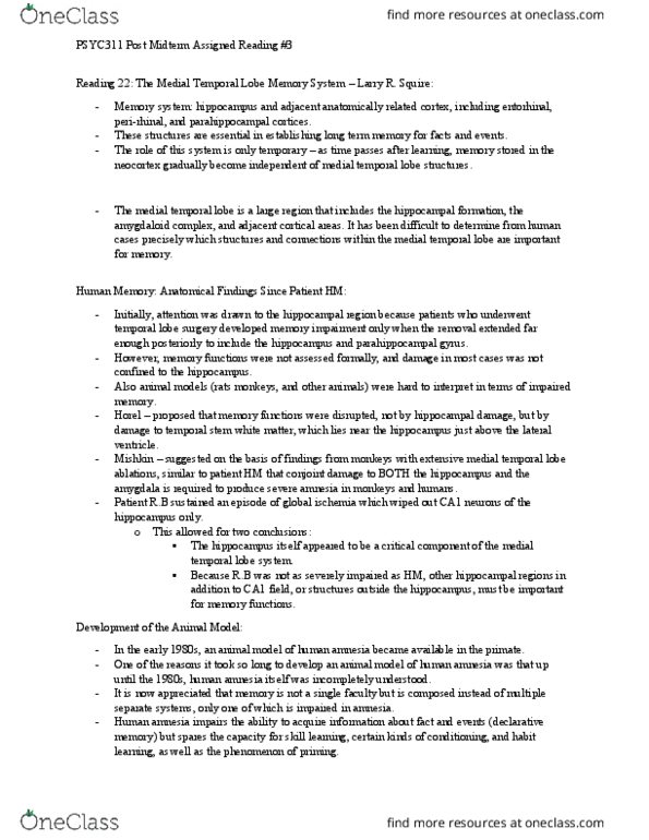 PSYC 311 Chapter Notes - Chapter Reading 22 - Post Midterm 3 - H+A+ Lesions - Squire: Temporal Lobe, Parahippocampal Gyrus, Hippocampal Formation thumbnail