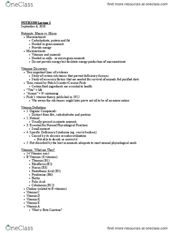 NUTR 3330 Lecture Notes - Lecture 1: Casimir Funk, B Vitamins, Riboflavin thumbnail