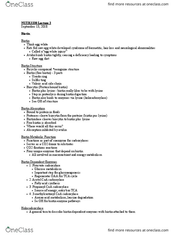 NUTR 3330 Lecture Notes - Lecture 3: Biotinidase Deficiency, Biotin Deficiency, Pyruvate Carboxylase thumbnail