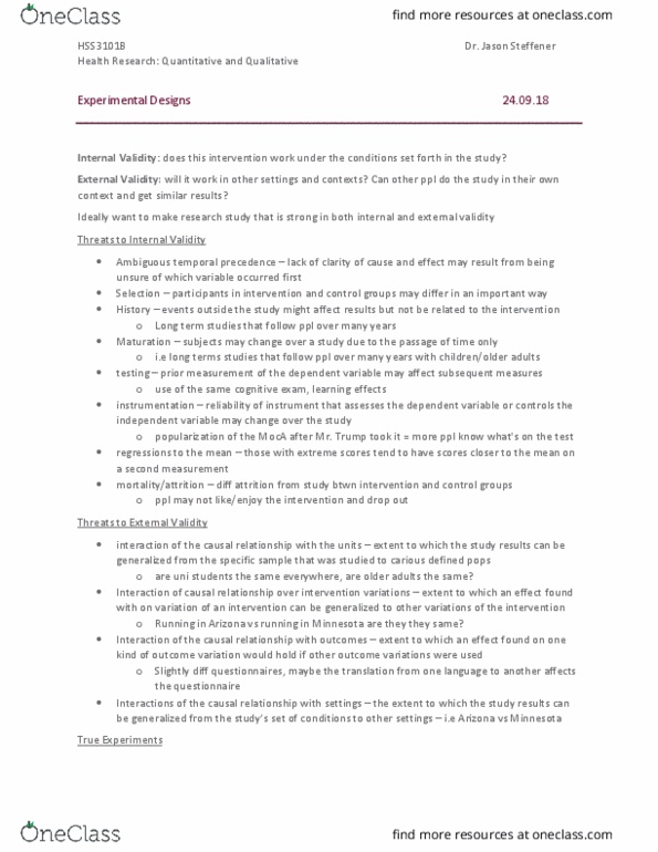 HSS 3101 Lecture Notes - Lecture 5: Internal Validity, Dependent And Independent Variables, Complex Analysis thumbnail