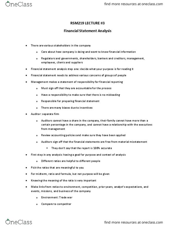 RSM219H1 Lecture Notes - Lecture 3: Financial Statement Analysis, Financial Statement, Trade War cover image