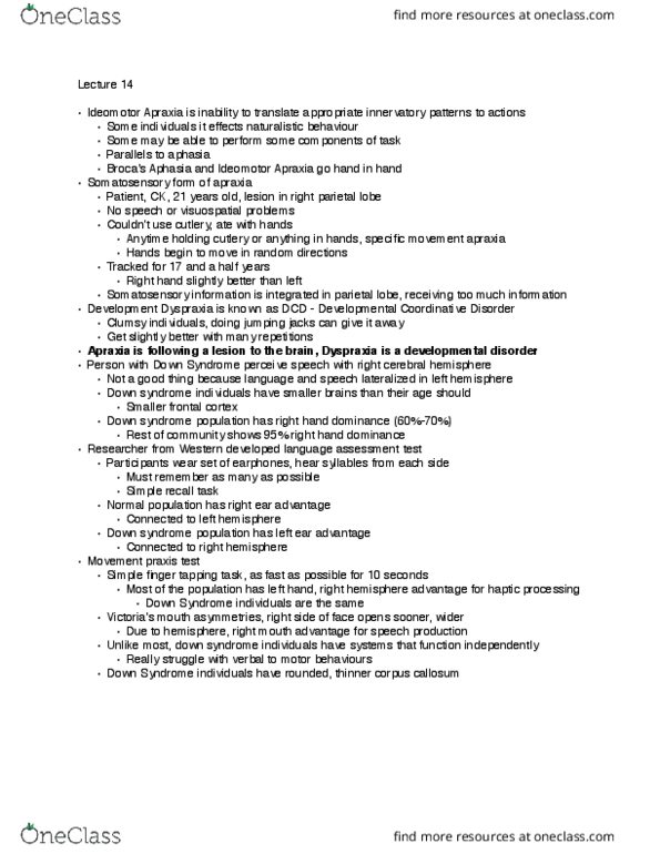 Kinesiology 1080A/B Lecture Notes - Lecture 14: Developmental Coordination Disorder, Parietal Lobe, Praxis Test thumbnail