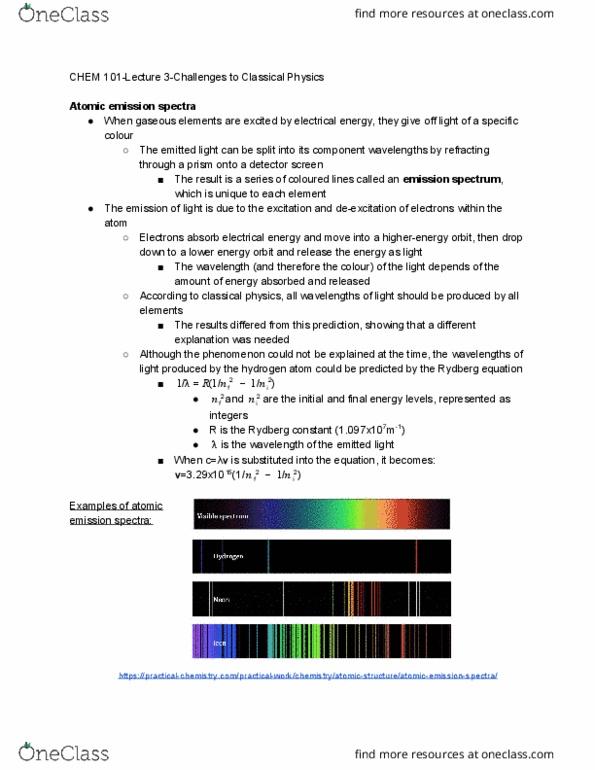 CHEM 101 Lecture Notes - Lecture 3: Rydberg Formula, Rydberg Constant, Emission Spectrum cover image