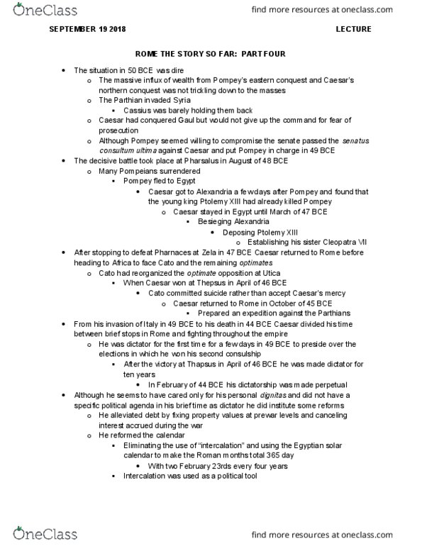 Classical Studies 3151F/G Lecture Notes - Lecture 6: Senatus Consultum, Ptolemy Xiii Theos Philopator, Cleopatra thumbnail