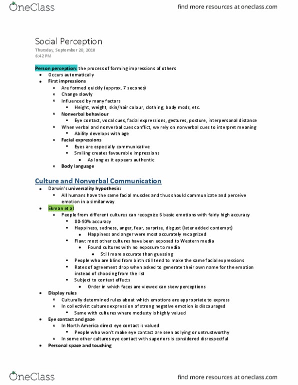 Psychology 2070A/B Lecture Notes - Lecture 3: Eye Contact, Display Rules, Proxemics thumbnail