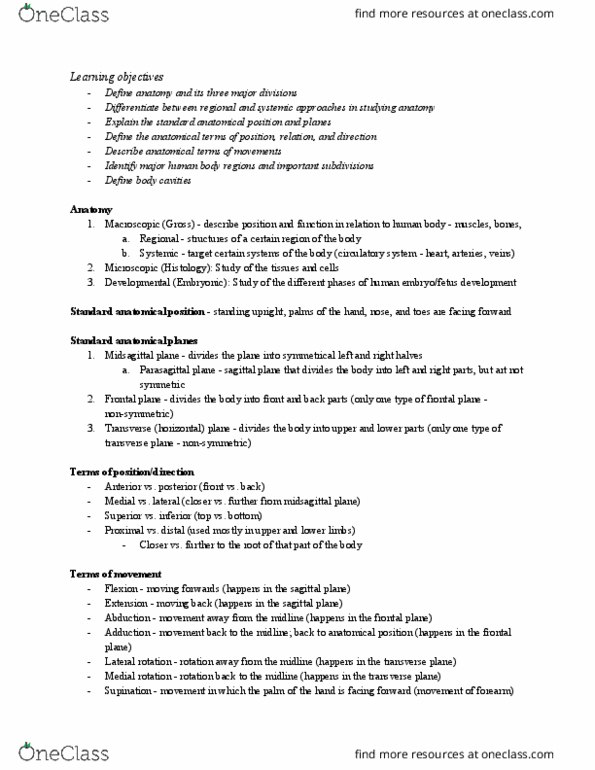 CAPS 391 Lecture Notes - Lecture 1: Standard Anatomical Position, Median Plane, Sagittal Plane thumbnail