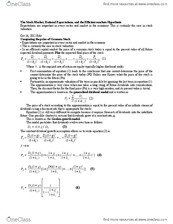 ECON 3P03 Lecture Notes - Dividend Discount Model, Stock Valuation, Discounting thumbnail