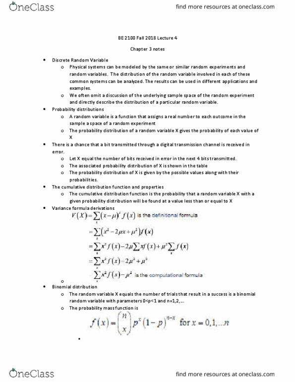 B E 2100 Lecture Notes - Lecture 4: Cumulative Distribution Function, Binomial Distribution, Random Variable thumbnail
