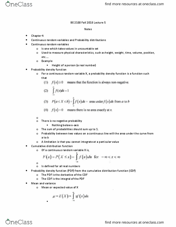 B E 2100 Lecture Notes - Lecture 5: Probability Density Function, Cumulative Distribution Function, Probability Distribution thumbnail