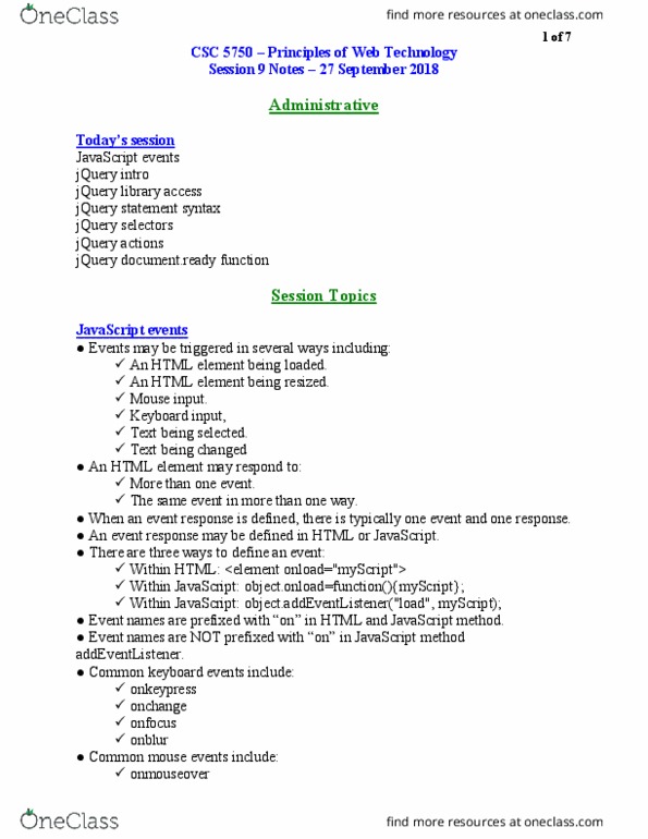 CSC 5750 Lecture Notes - Lecture 9: Javascript Library, Jquery, Html Element thumbnail