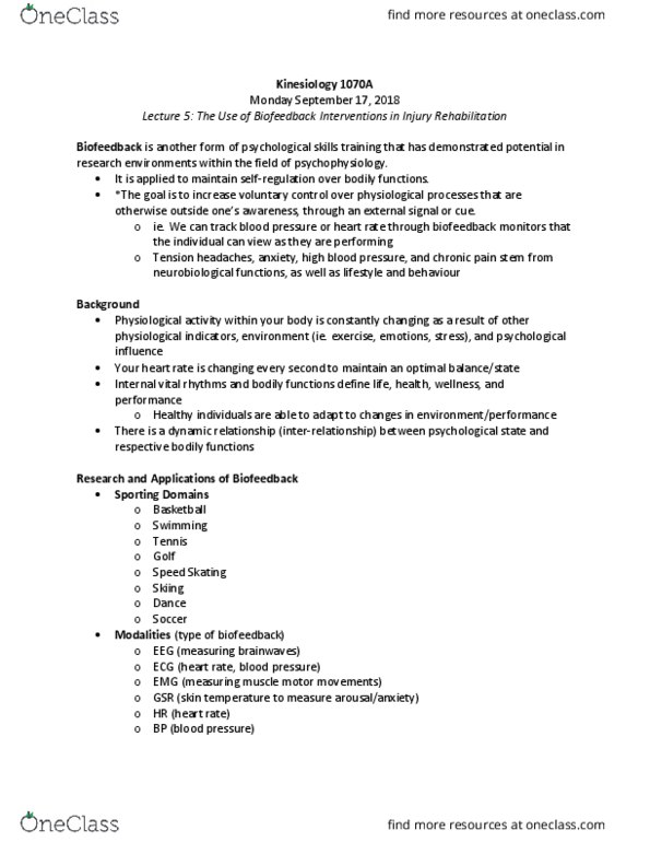 Kinesiology 1070A/B Lecture Notes - Lecture 5: Biofeedback, Tension Headache, Psychophysiology thumbnail