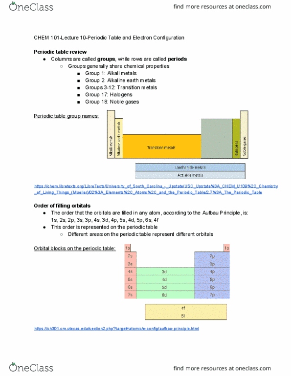 CHEM 101 Lecture Notes - Lecture 10: Alkali Metal, Electron Configuration, Periodic Table cover image