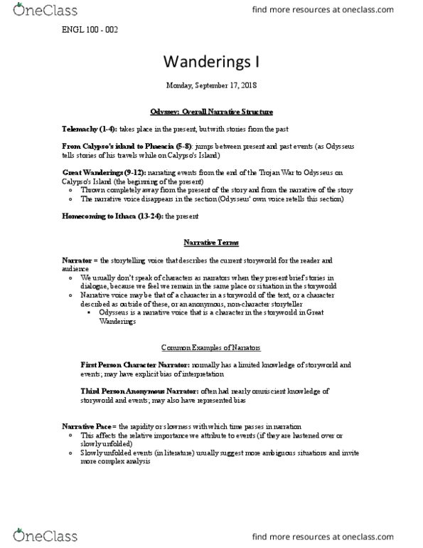 ENGL 100 Lecture Notes - Lecture 3: Scheria, Odysseus, Complex Analysis thumbnail