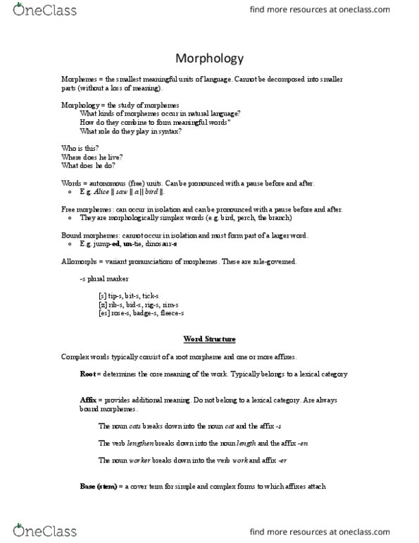 LING 100 Lecture Notes - Lecture 3: Part Of Speech, Affix, Hela thumbnail