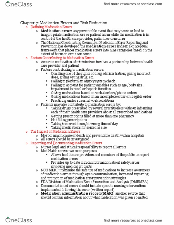 NUR240 Chapter Notes - Chapter 7: Medical Error, Medwatch, Prescription Drug thumbnail