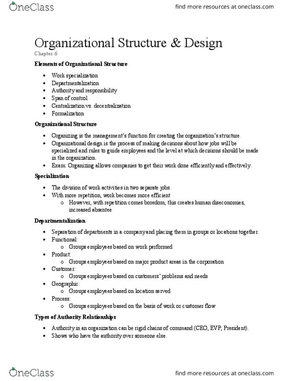 MNGT 3810 Lecture Notes - Lecture 5: Organizational Structure, Departmentalization, Decision-Making thumbnail