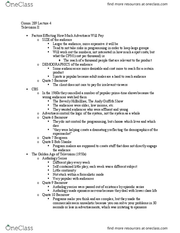 COMM 289 Lecture Notes - Lecture 4: The Andy Griffith Show, Todd Gitlin, Netflix thumbnail