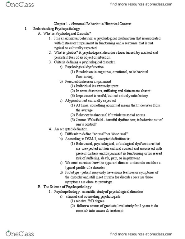 PSY BEH 102C Chapter Notes - Chapter 1: Personal Distress, Psychopathology, Dsm-5 thumbnail