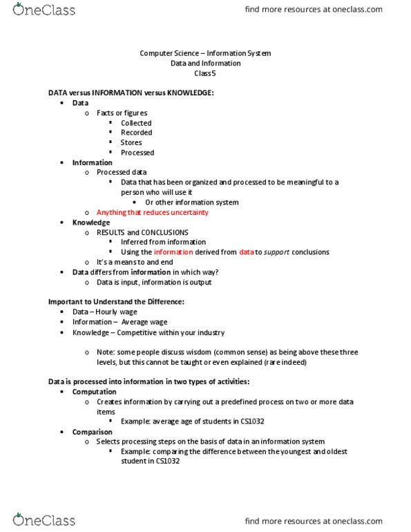 Computer Science 1032A/B Lecture Notes - Lecture 4: Data Quality, Information Quality, Information System thumbnail