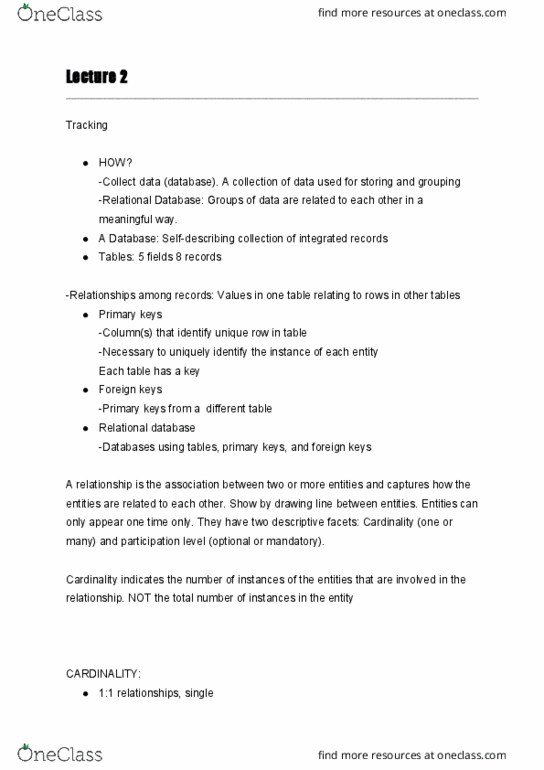 Computer Science 1032A/B Lecture Notes - Lecture 2: Foreign Key, Relational Database, Cardinality thumbnail