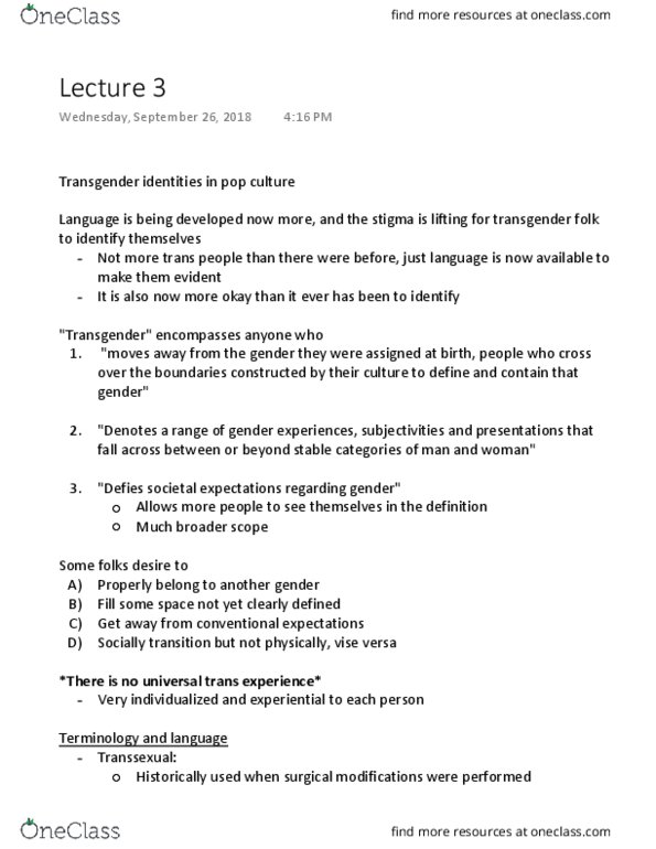 Women's Studies 2161A/B Lecture Notes - Lecture 3: Caitlyn Jenner, Trans Woman, Pangender thumbnail