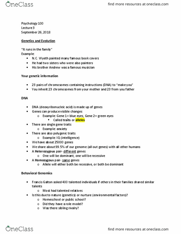 PSYC 100 Lecture Notes - Lecture 3: Wyeth, Zygosity, Allele cover image