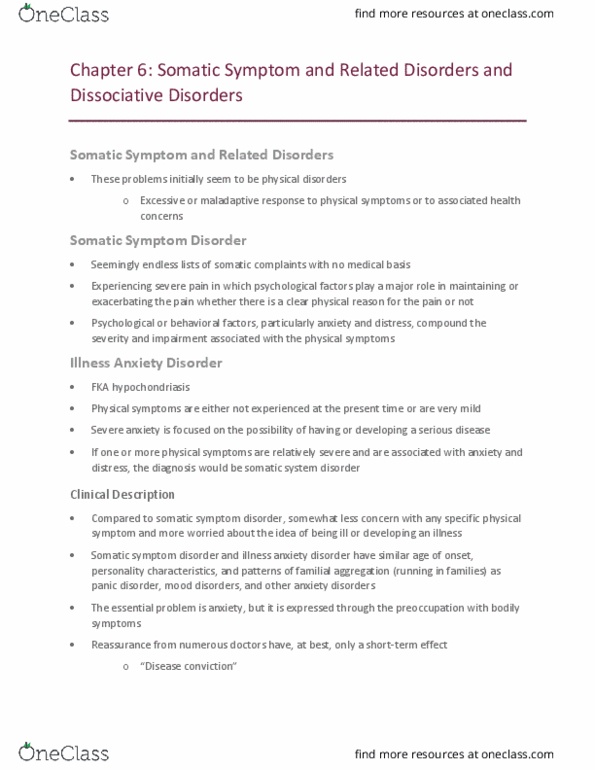 PSYC 4321 Chapter Notes - Chapter 6: Somatic Symptom Disorder, Dissociative Disorder, Anxiety Disorder thumbnail