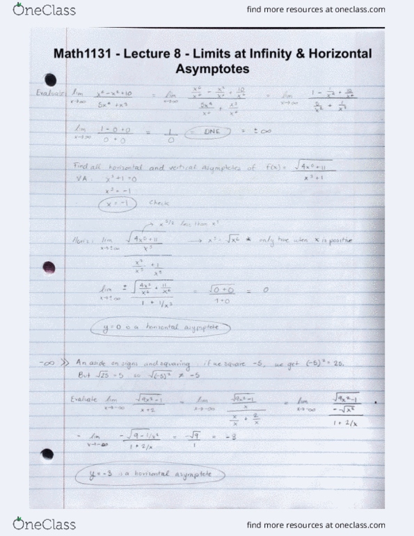 MATH 1131Q Lecture 8: Math1131 - Lecture 8 - Limits at Infinity & Horizontal Asymptotes cover image