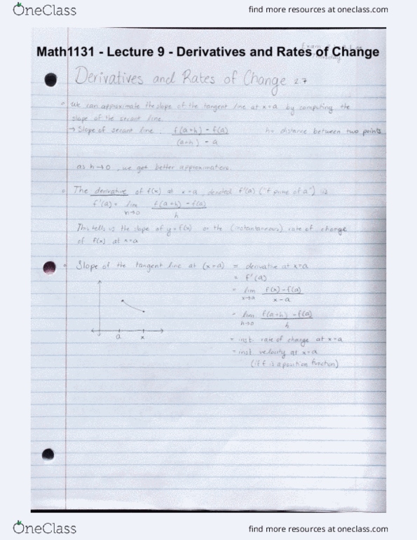 MATH 1131Q Lecture 9: Math1131 - Lecture 9 - Derivatives and Rates of Change cover image