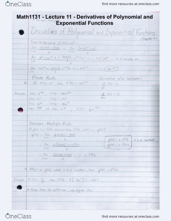 MATH 1131Q Lecture 11: Math 1131 - Lecture 11 - Derivatives of Polynomials & Exponential Functions cover image