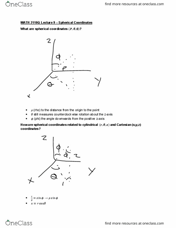 MATH 2110Q Lecture Notes - Lecture 9: Spherical Coordinate System cover image