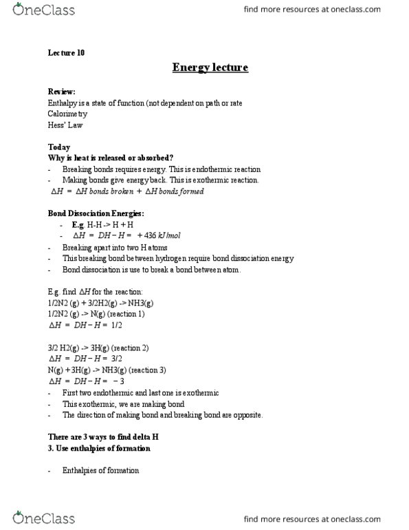 CHEM 1001 Lecture Notes - Lecture 10: Bond-Dissociation Energy, Exothermic Reaction, Endothermic Process thumbnail