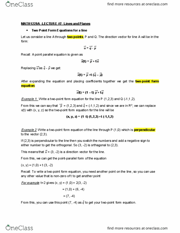 Mathematics 1229A/B Lecture Notes - Lecture 7: Cross Product, Parametric Equation cover image