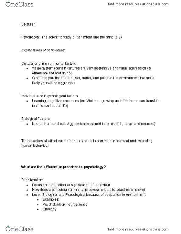 Psychology 1000 Lecture Notes - Lecture 1: Ethology, Cultural Psychology, Behaviorism thumbnail