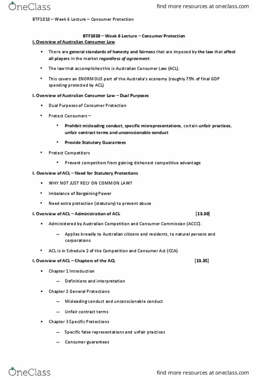 BTF1010 Lecture Notes - Lecture 6: Australian Consumer Law, Standard Form Contract thumbnail