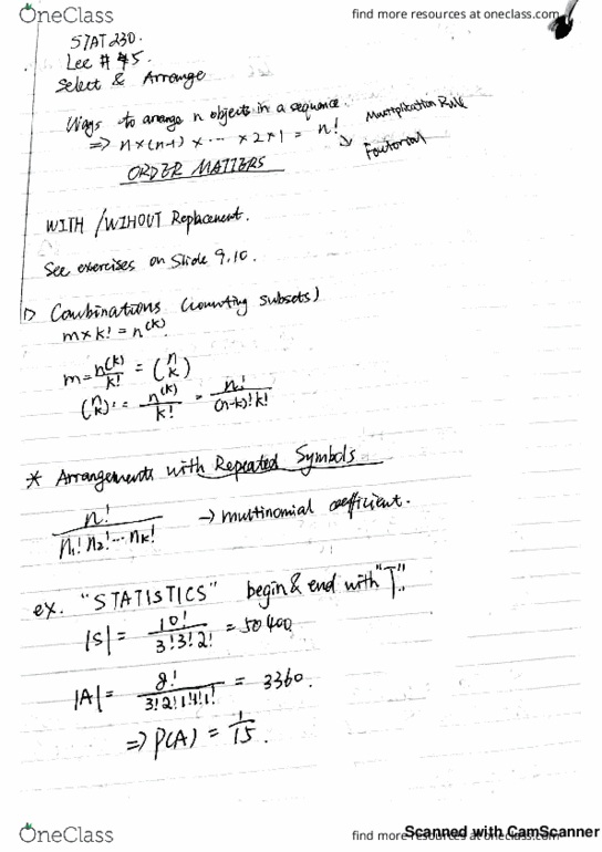 STAT230 Lecture 5: Stat 230 Lec 5 - Arrangement cover image