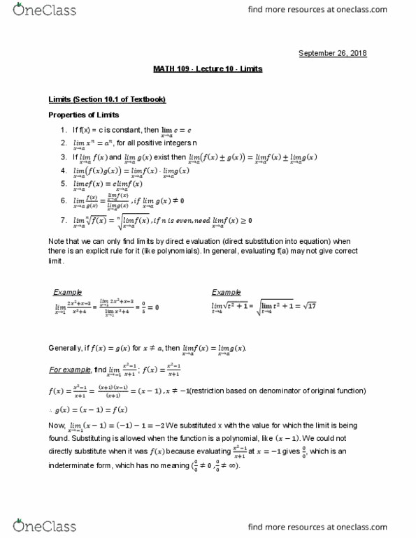 MATH109 Lecture Notes - Lecture 10: Indeterminate Form thumbnail