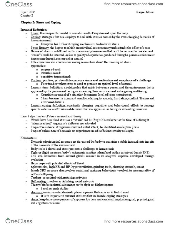 Psychology 2036A/B Lecture Notes - Lecture 2: Hans Selye, Stress Management, Homeostasis thumbnail