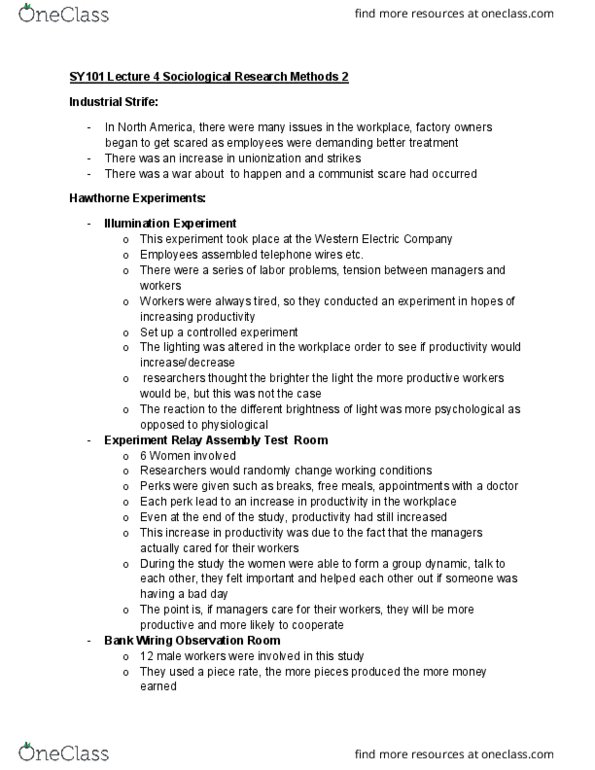 SY101 Lecture Notes - Lecture 6: Western Electric, Hawthorne Effect, Scientific Control cover image