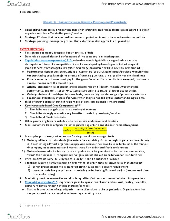 BU385 Chapter Notes - Chapter 2: Strategic Planning, Material Requirements Planning, Swot Analysis thumbnail