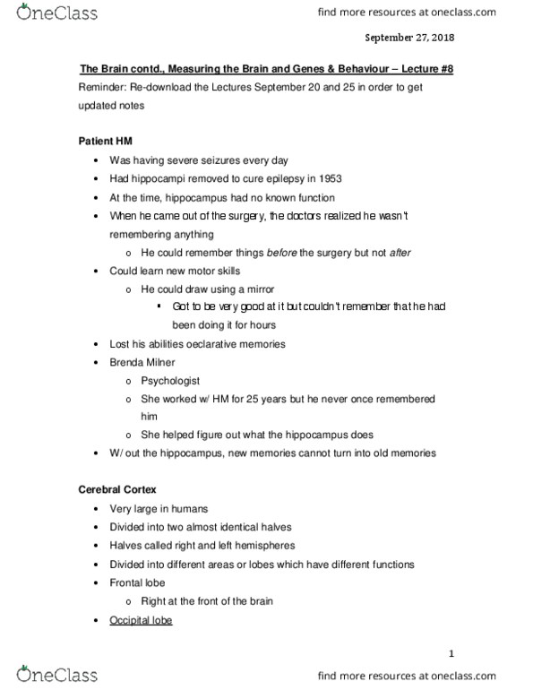 PSYO 1011 Lecture Notes - Lecture 8: Brenda Milner, Occipital Lobe, Frontal Lobe thumbnail