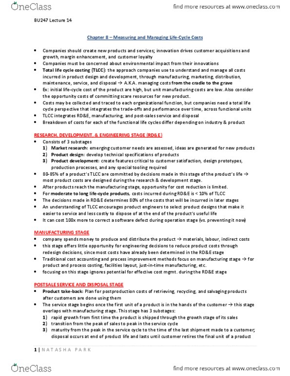 BU247 Lecture Notes - Whole-Life Cost, Target Costing, Quality Function Deployment thumbnail