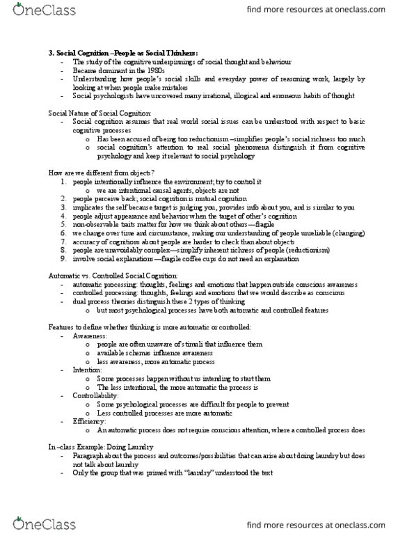 Psychology 2720A/B Lecture Notes - Lecture 2: Dual Process Theory, Social Cognition, Reductionism thumbnail