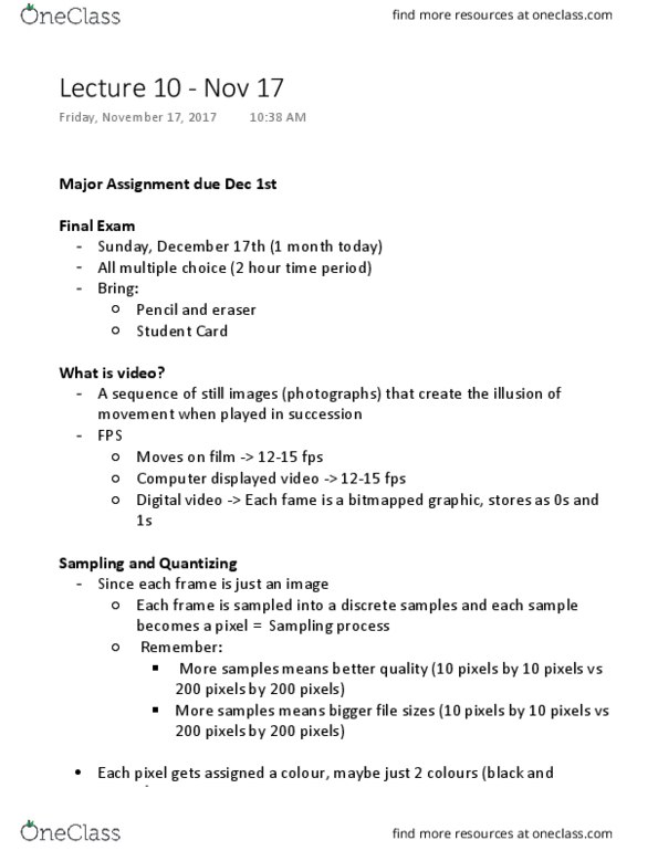 Computer Science 1033A/B Lecture Notes - Lecture 10: Ycbcr, Yuv, Yiq thumbnail