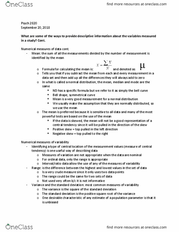 Psychology 2820E Lecture Notes - Lecture 3: Squared Deviations From The Mean, Standard Deviation, Central Tendency thumbnail