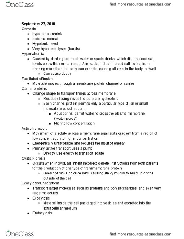 BISC207 Lecture Notes - Lecture 9: Active Transport, Cystic Fibrosis, Transmembrane Protein thumbnail